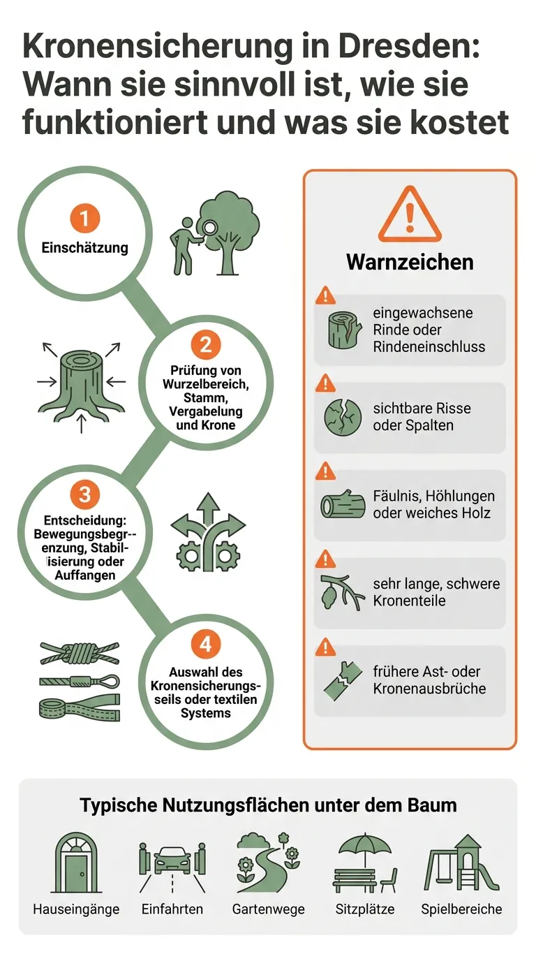 Übersicht zu Anwendungsfällen, Prüfpunkten und Kostenfaktoren einer Kronensicherung